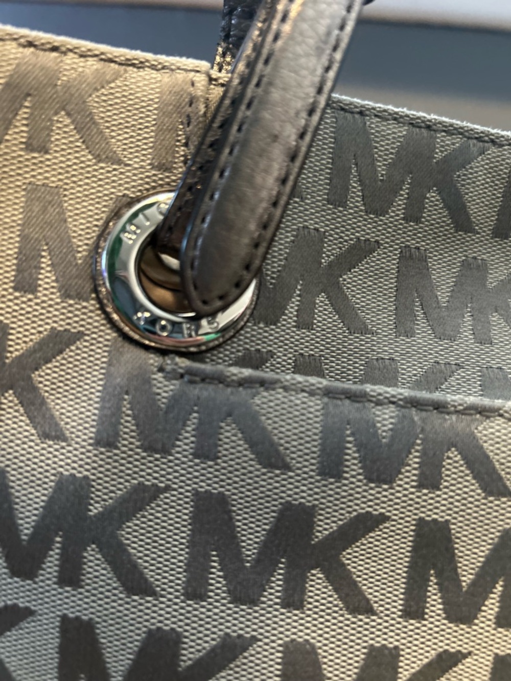 Michael Kors Gray MK Logo Canvas Tote with Black Leather Straps - Picture 4 of 5